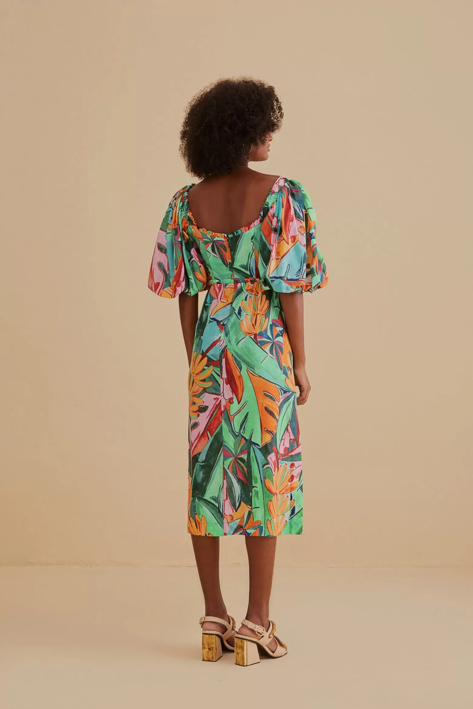 Cheap FARM Rio  MULTICOLOR BANANA FOLIAGE PUFF SLEEVE MIDI DRESS