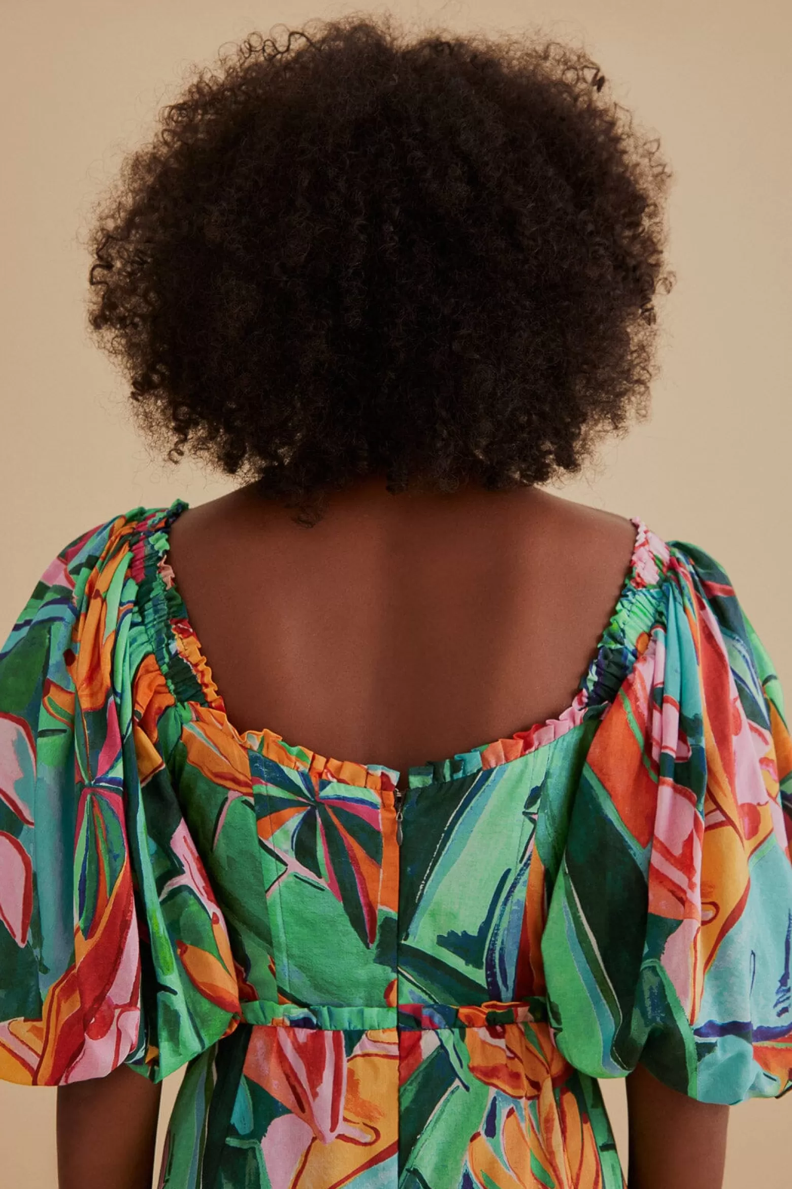 Cheap FARM Rio  MULTICOLOR BANANA FOLIAGE PUFF SLEEVE MIDI DRESS
