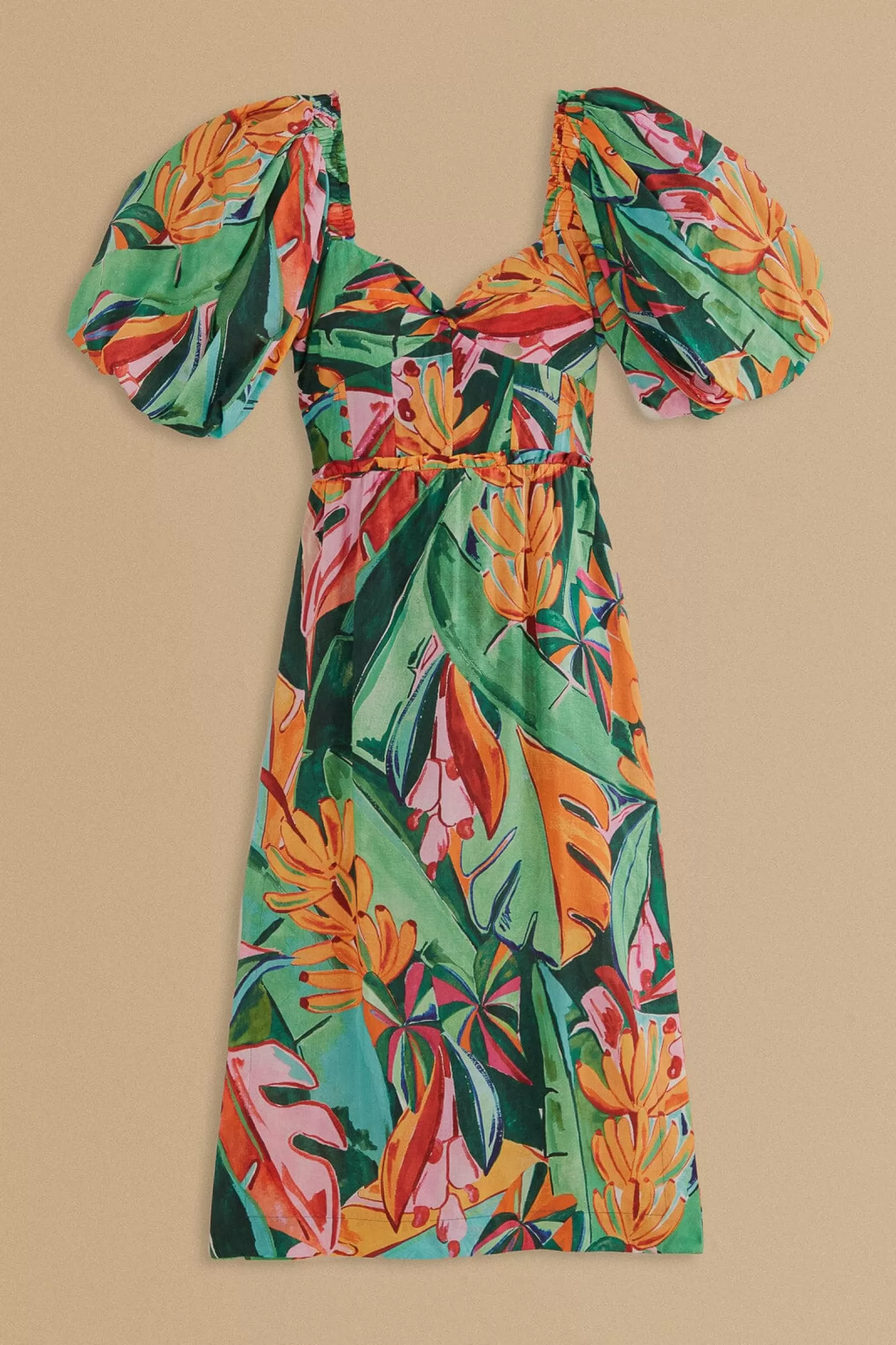 Cheap FARM Rio  MULTICOLOR BANANA FOLIAGE PUFF SLEEVE MIDI DRESS