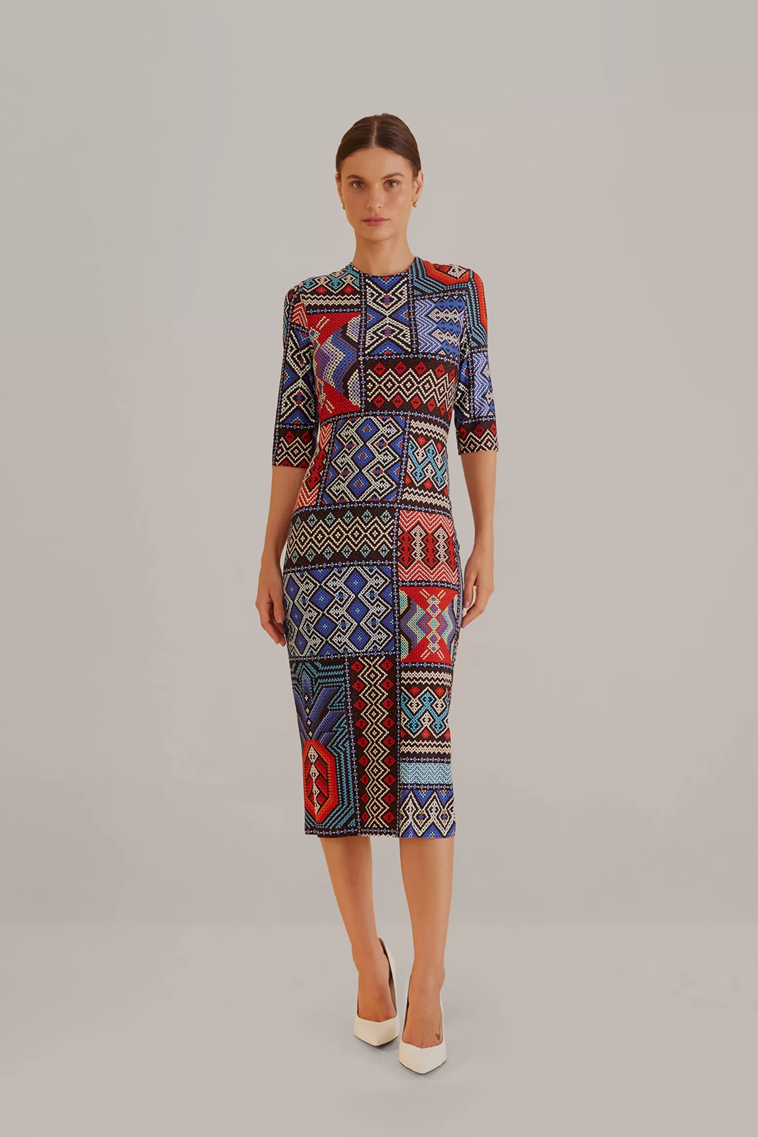 New FARM Rio  MULTICOLOR RAUTI SHORT SLEEVE MIDI DRESS