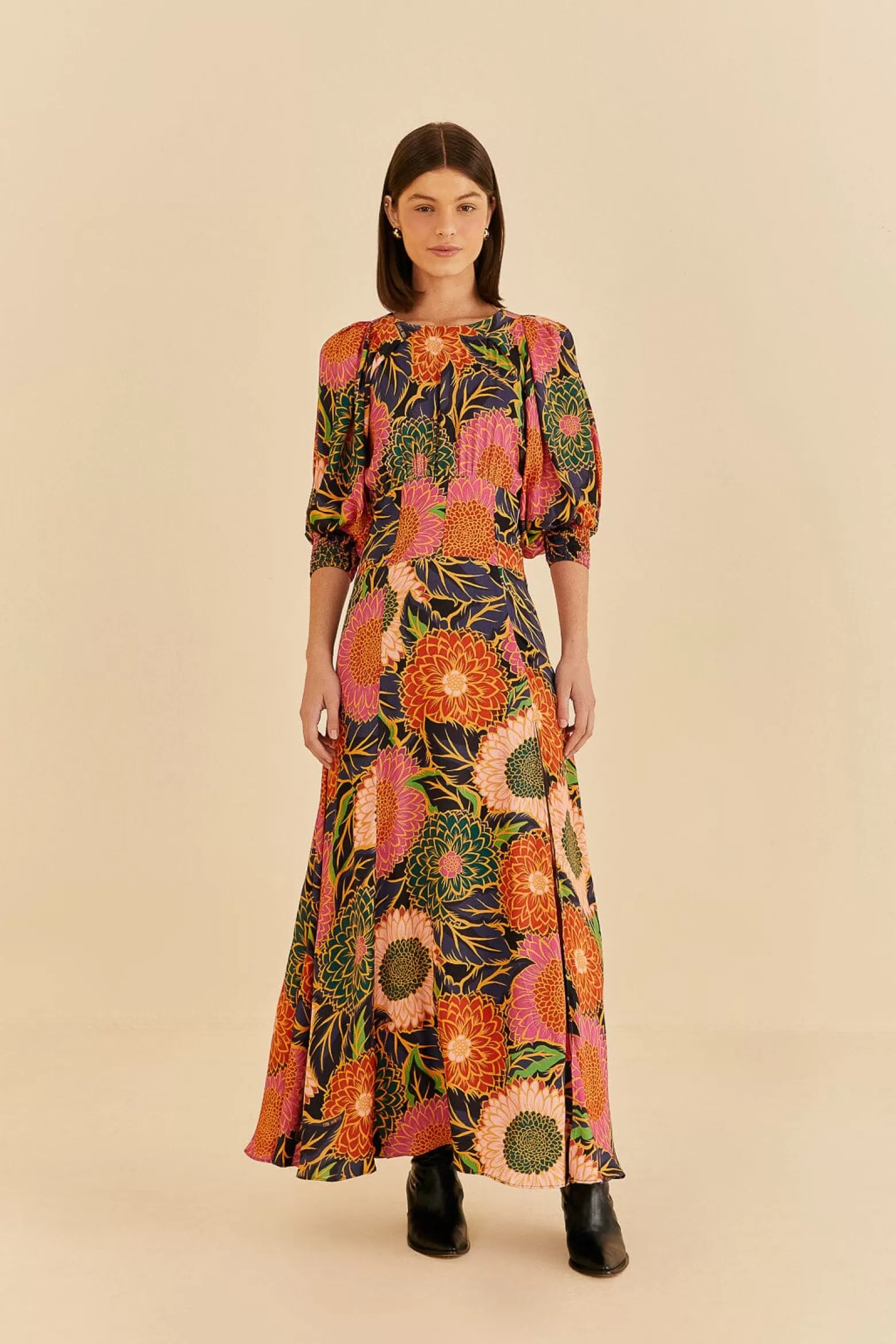 New FARM Rio  MULTICOLOR VINTAGE GARDEN PUFF SLEEVE MAXI DRESS