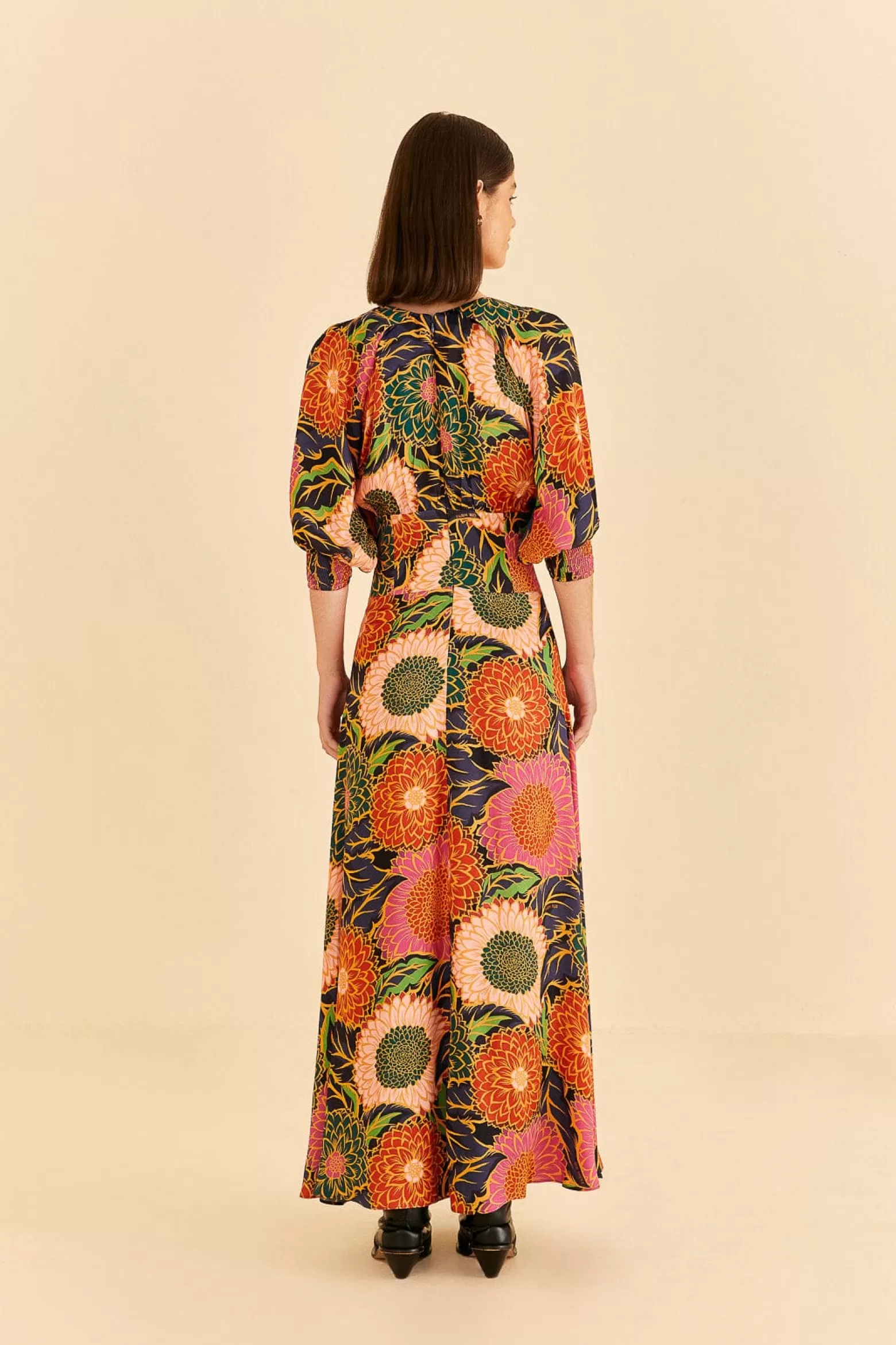 New FARM Rio  MULTICOLOR VINTAGE GARDEN PUFF SLEEVE MAXI DRESS