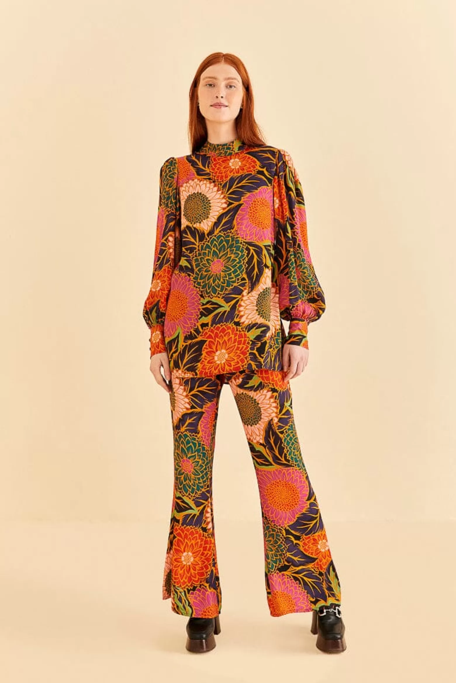 Sale FARM Rio  MULTICOLOR VINTAGE GARDEN SATIN FLARE PANTS
