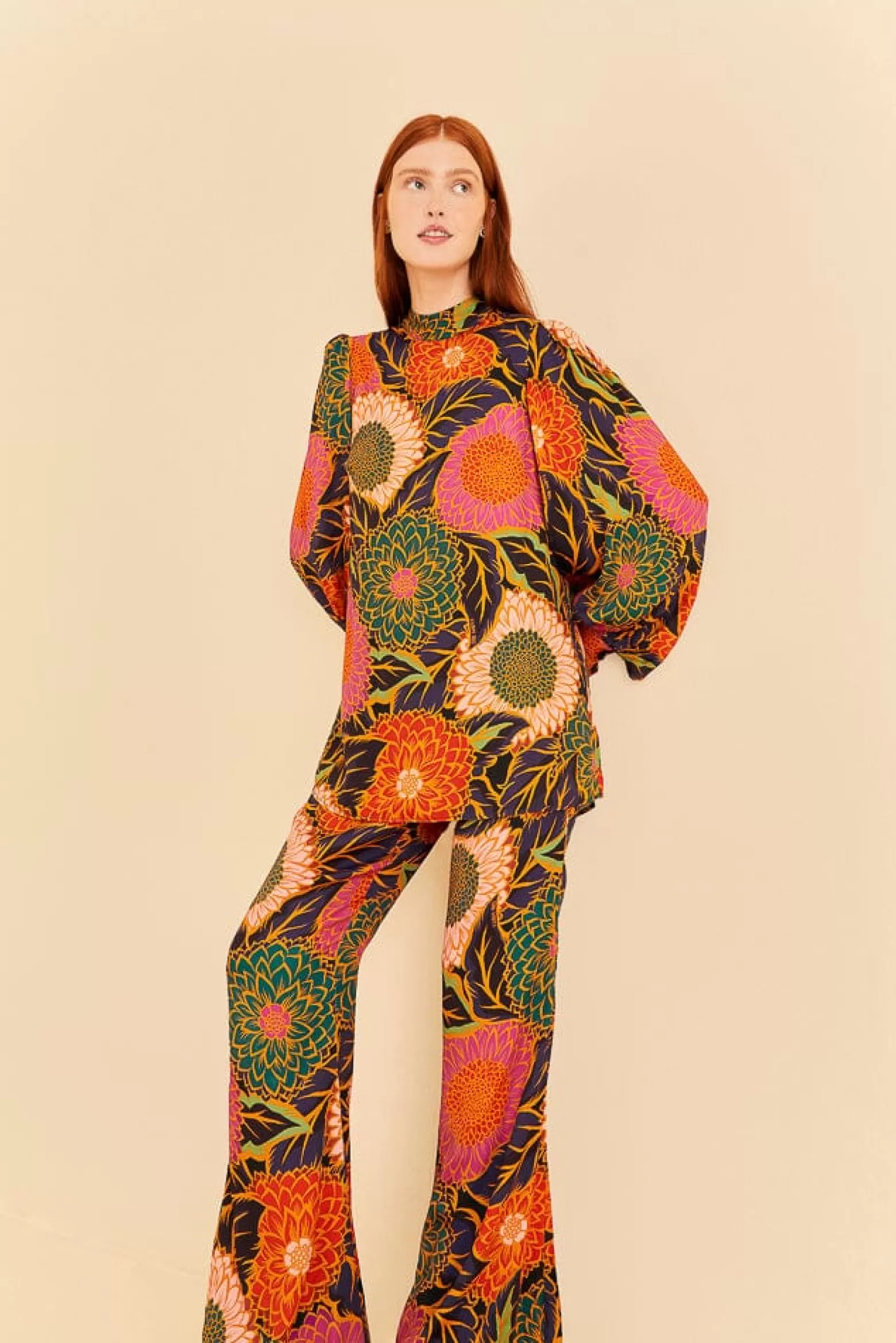 Sale FARM Rio  MULTICOLOR VINTAGE GARDEN SATIN FLARE PANTS