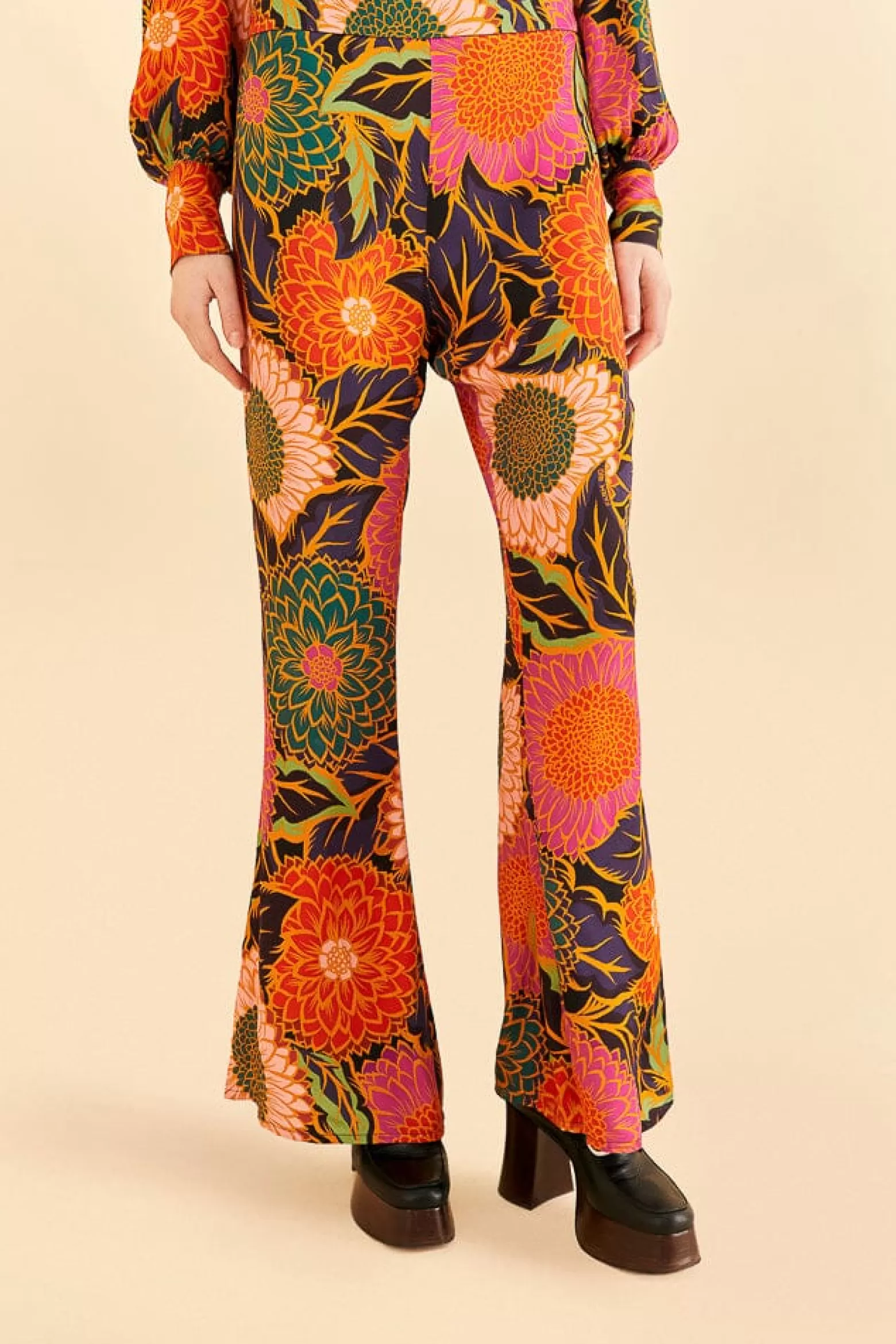 Sale FARM Rio  MULTICOLOR VINTAGE GARDEN SATIN FLARE PANTS