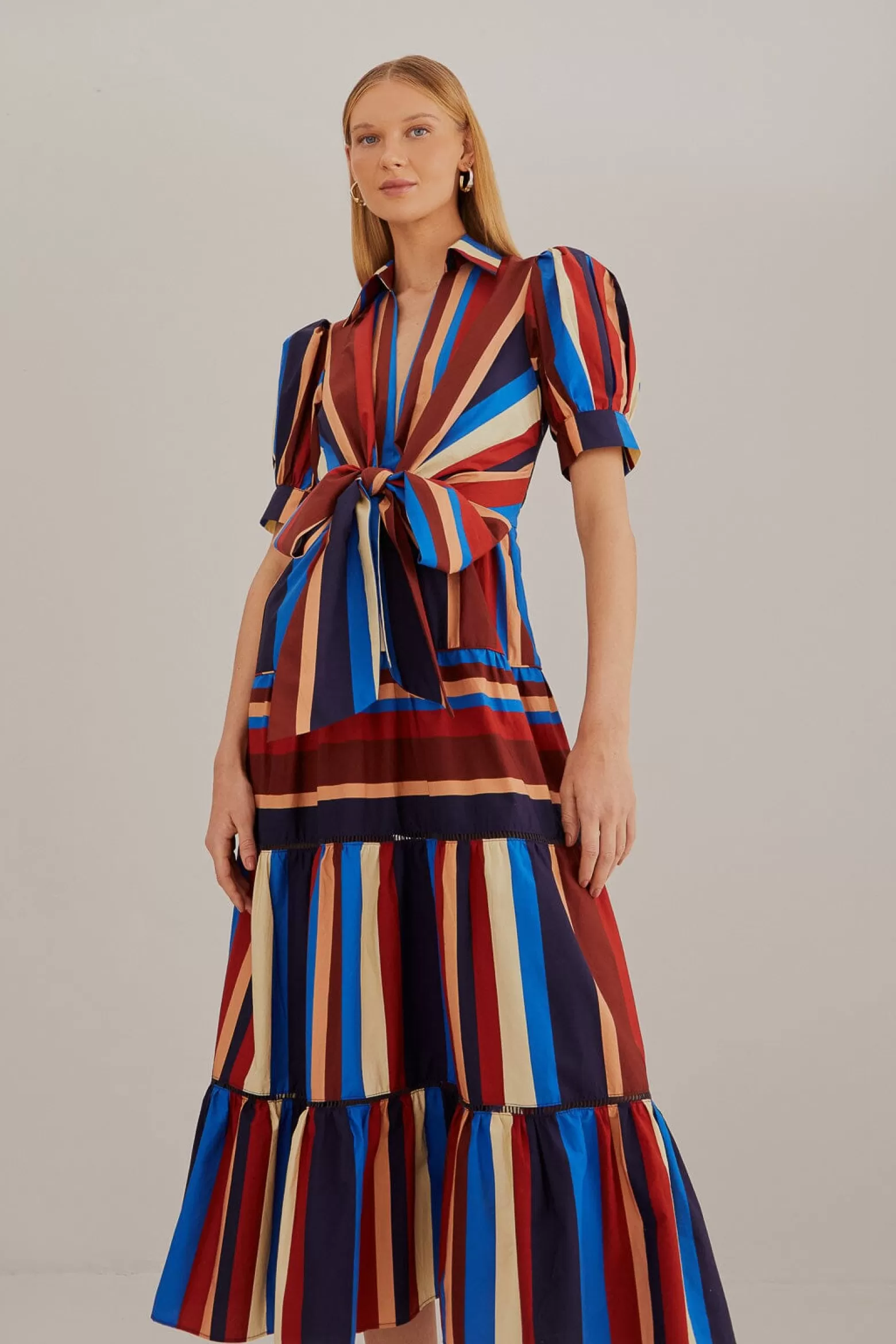 Shop FARM Rio  MULTICOLOR WINTER STRIPES SHORT SLEEVE MIDI DRESS