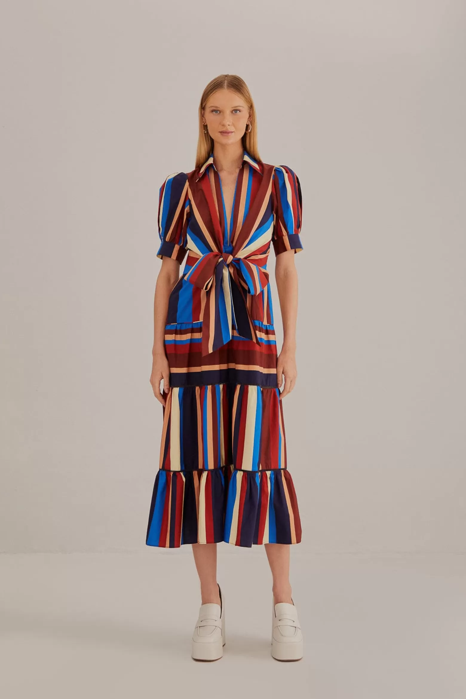 Shop FARM Rio  MULTICOLOR WINTER STRIPES SHORT SLEEVE MIDI DRESS