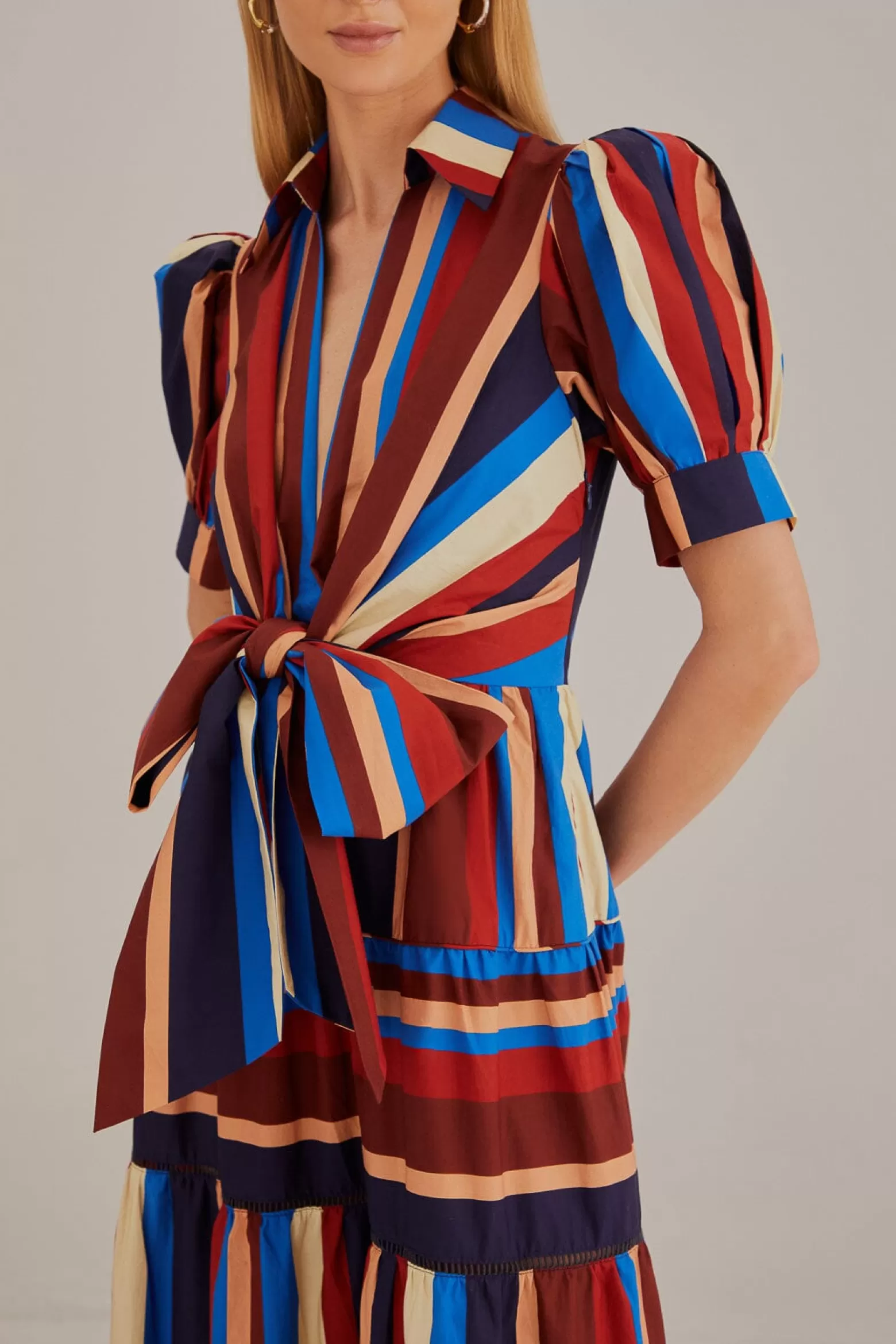 Shop FARM Rio  MULTICOLOR WINTER STRIPES SHORT SLEEVE MIDI DRESS