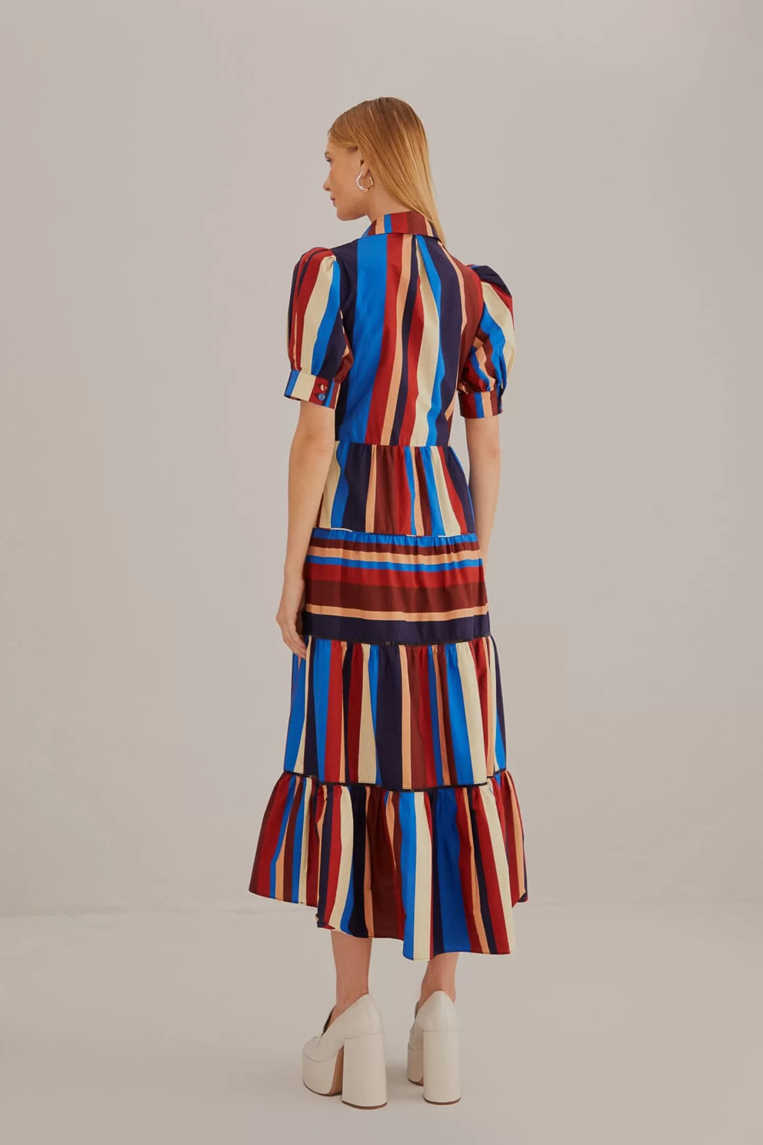 Shop FARM Rio  MULTICOLOR WINTER STRIPES SHORT SLEEVE MIDI DRESS
