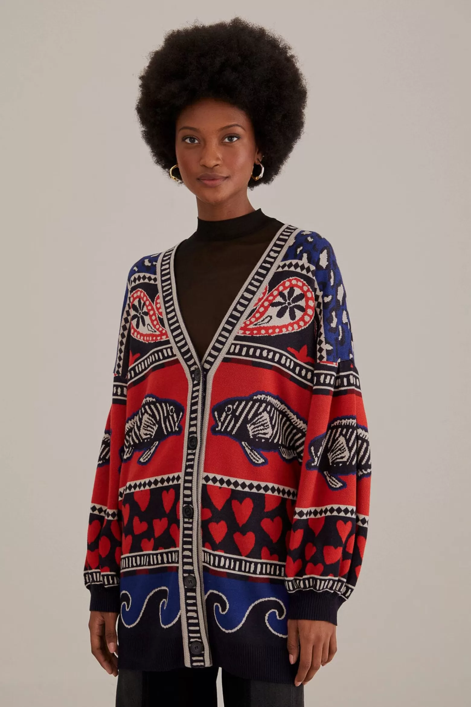 New FARM Rio  NAVY MIXED PRINTS KNIT CARDIGAN