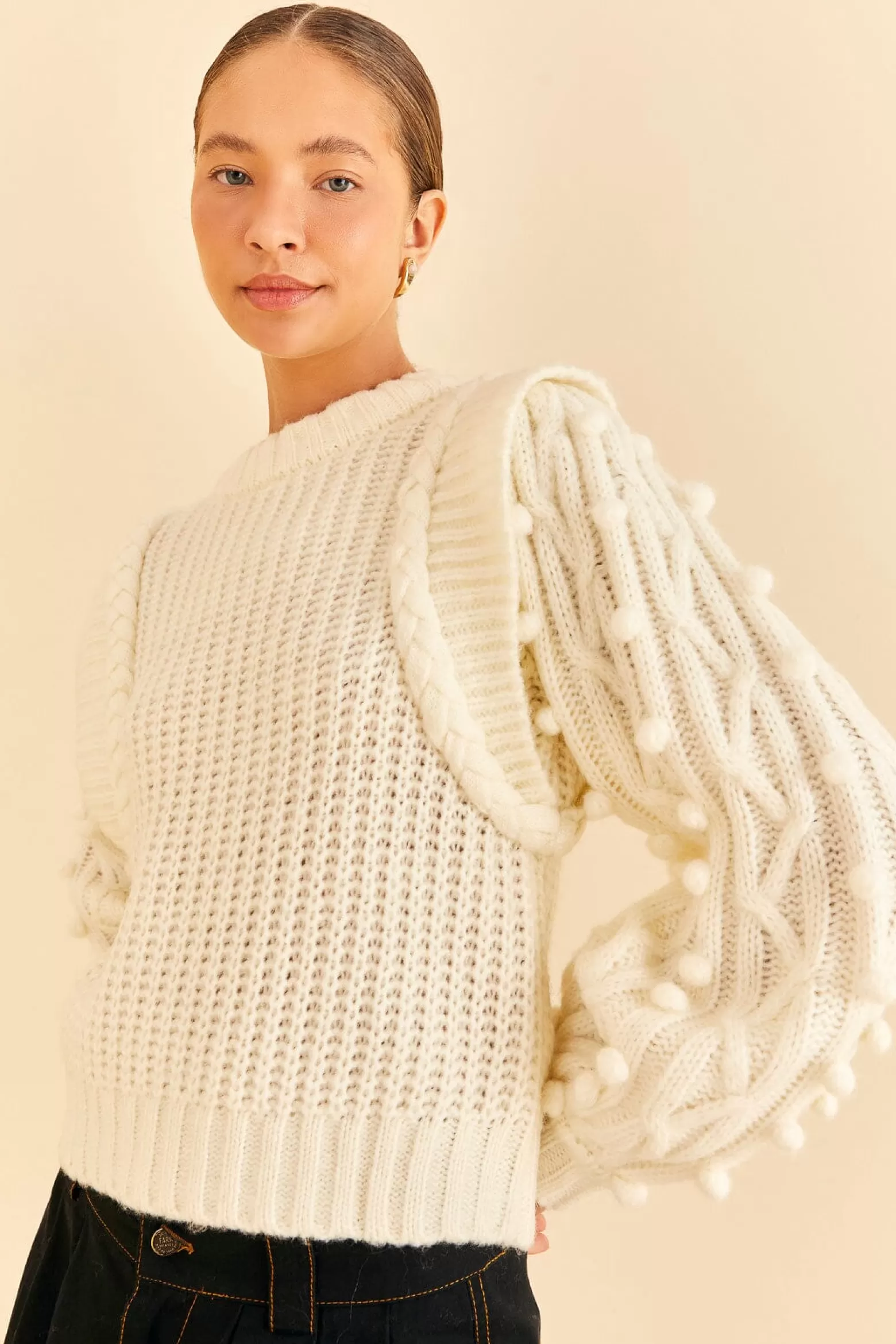 Online FARM Rio  OFF-WHITE BRAIDED SWEATER