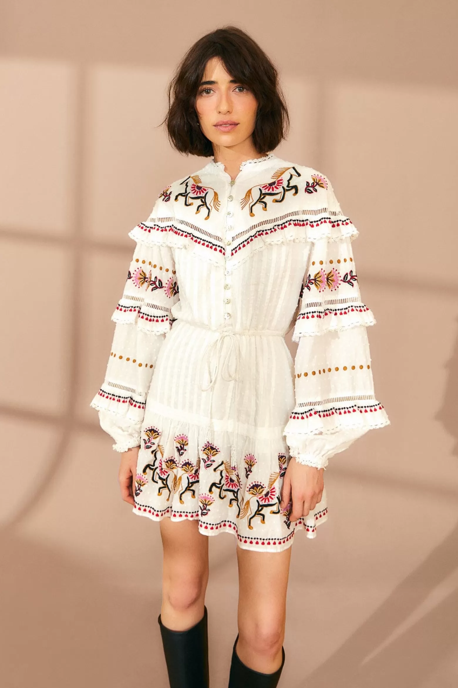 Hot FARM Rio  OFF-WHITE EMBROIDERED HORSES RUFFLE MINI DRESS