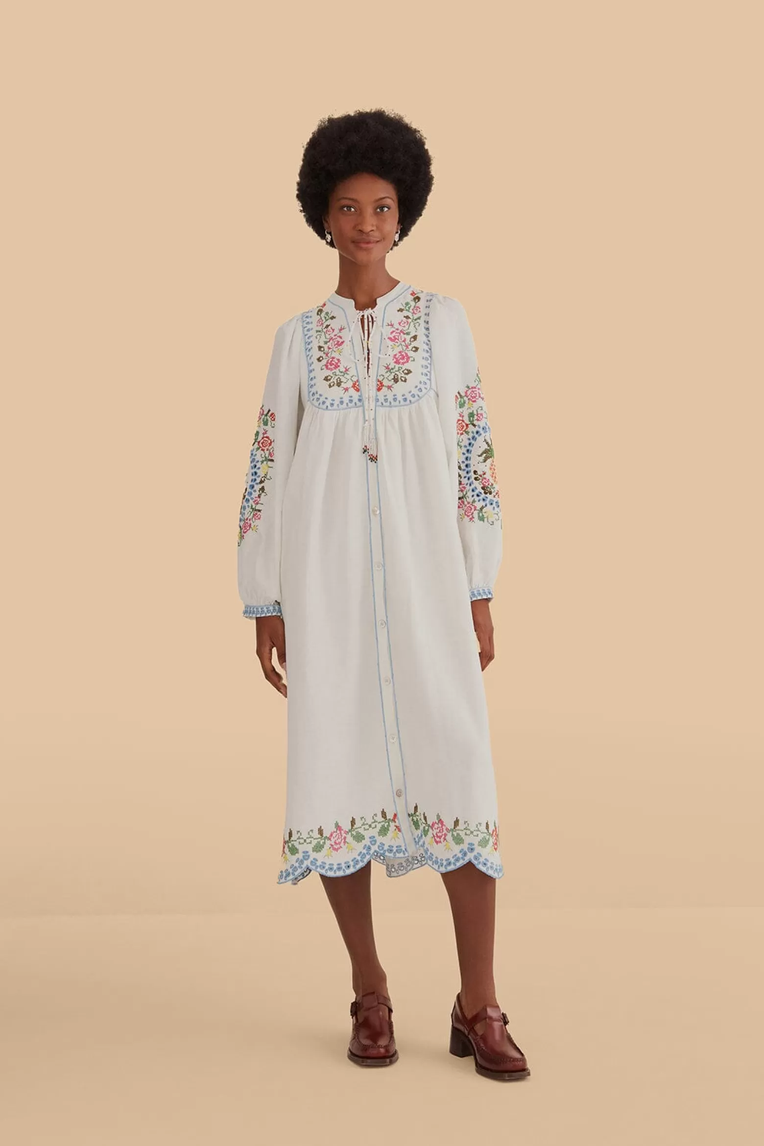 New FARM Rio  OFF-WHITE EMBROIDERED MIDI DRESS