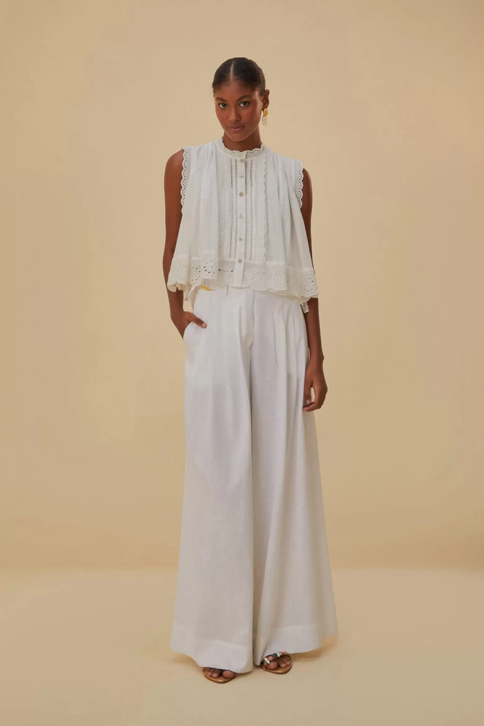 Outlet FARM Rio  OFF-WHITE LINEN LOW WAIST PANTS