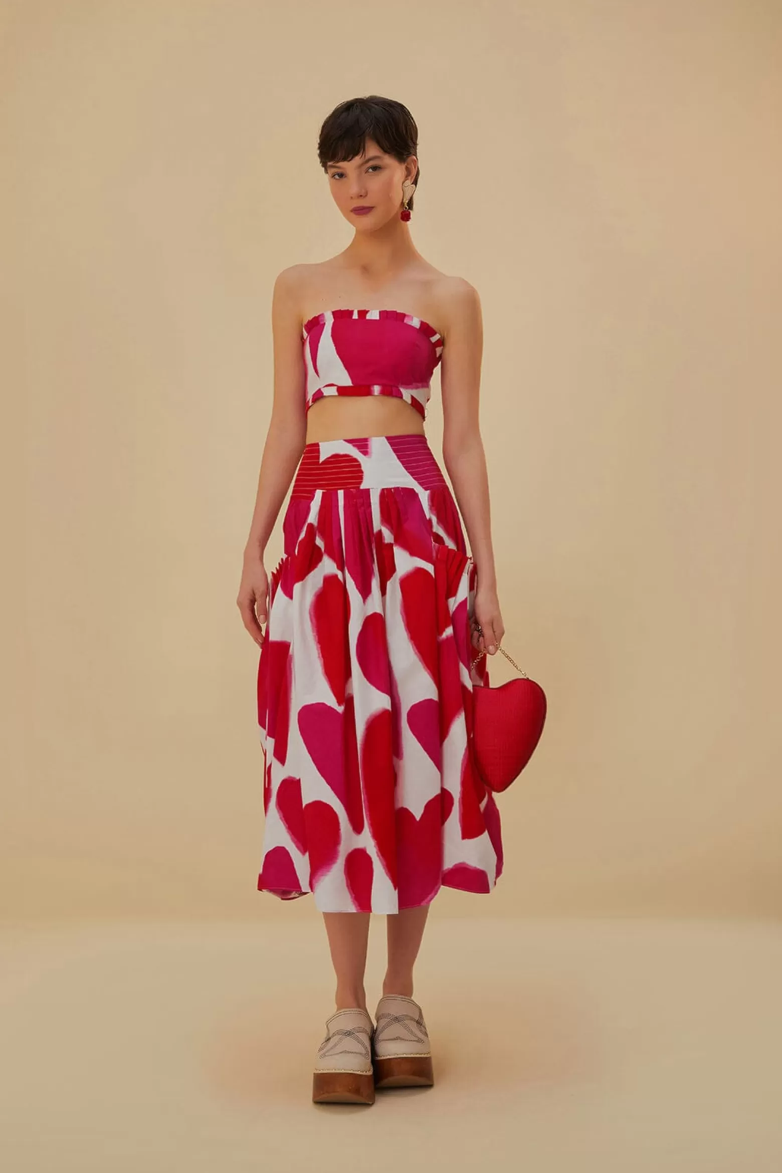 Best FARM Rio  OFF-WHITE PAINTED HEARTS MIDI SKIRT