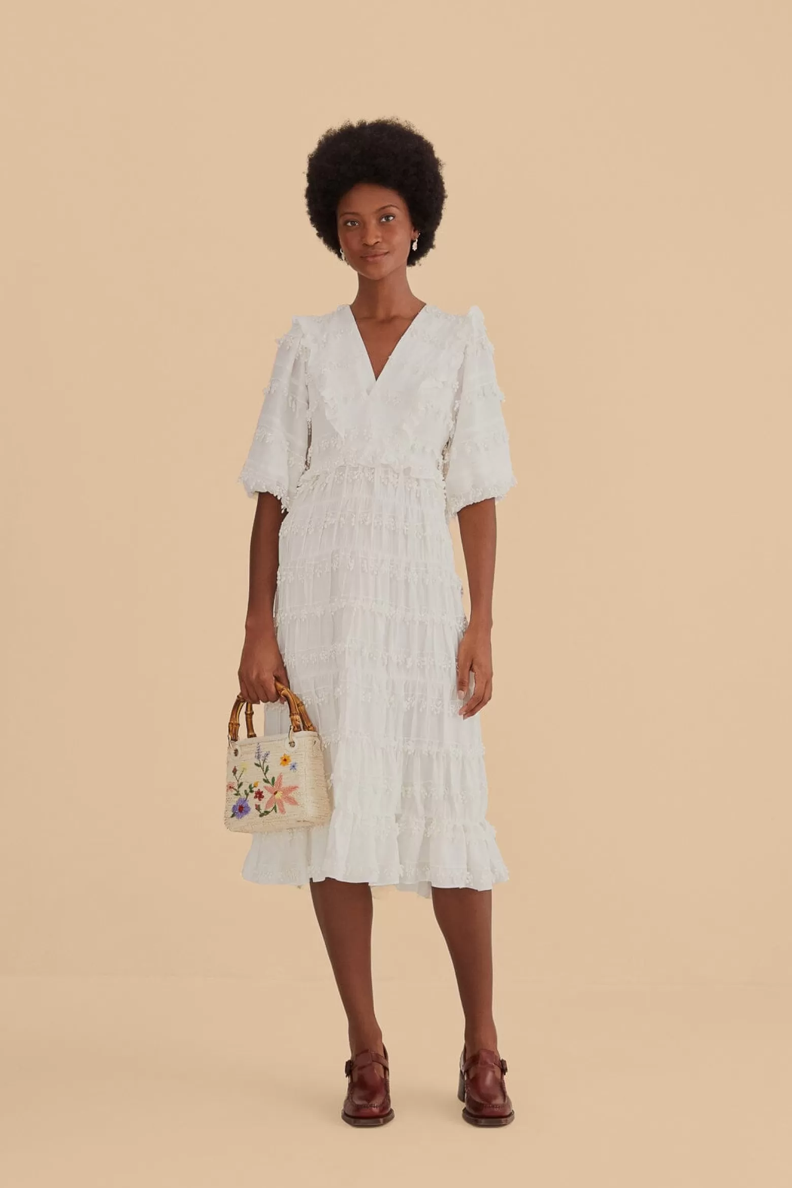 Store FARM Rio  OFF-WHITE RUFFLE TASSELS MIDI DRESS