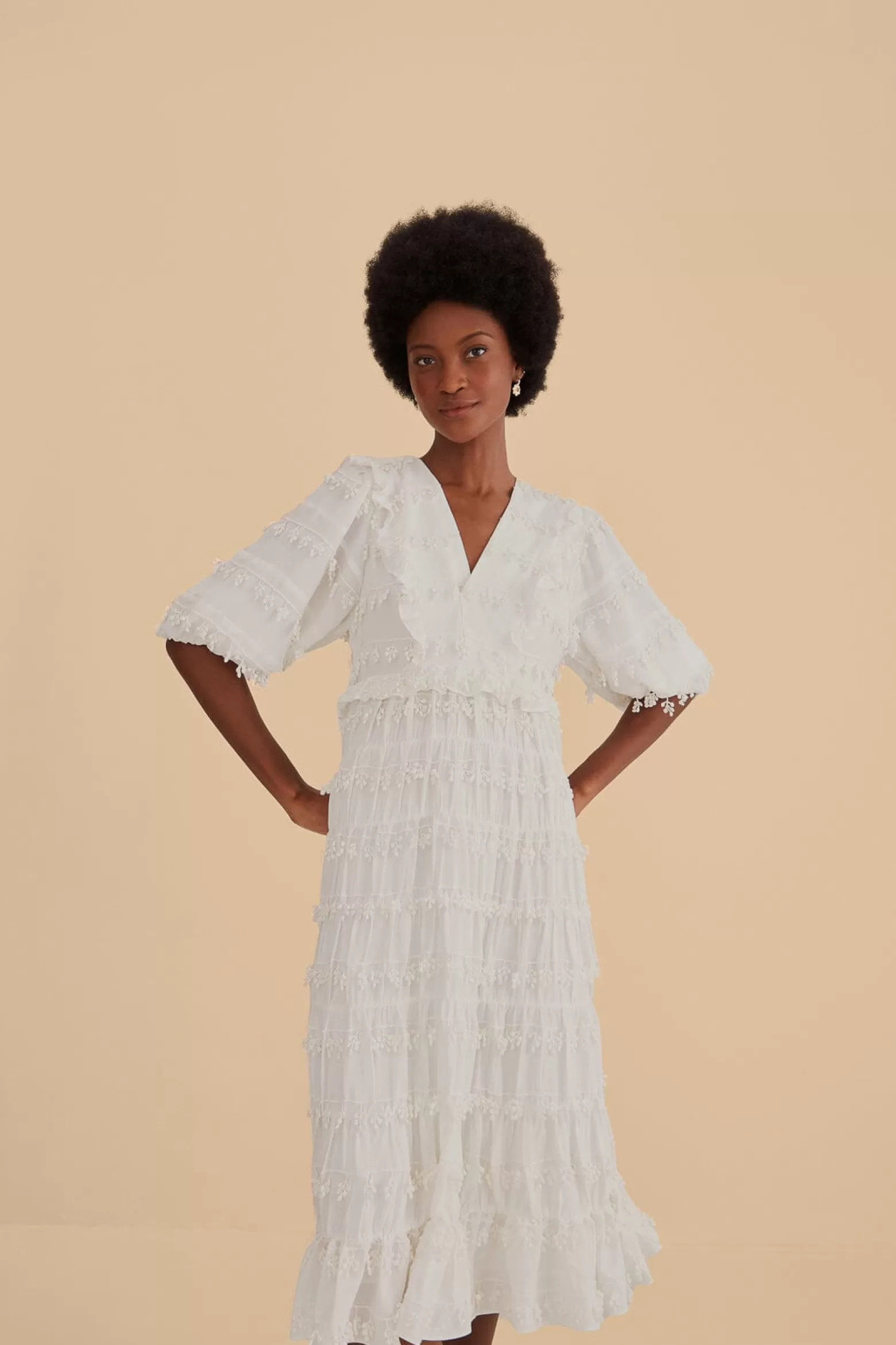 Store FARM Rio  OFF-WHITE RUFFLE TASSELS MIDI DRESS