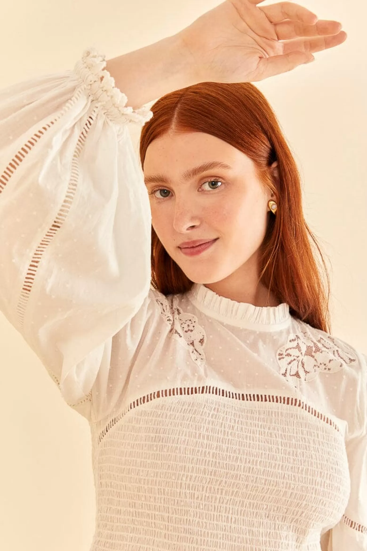 Best Sale FARM Rio  OFF-WHITE SMOCKED BLOUSE