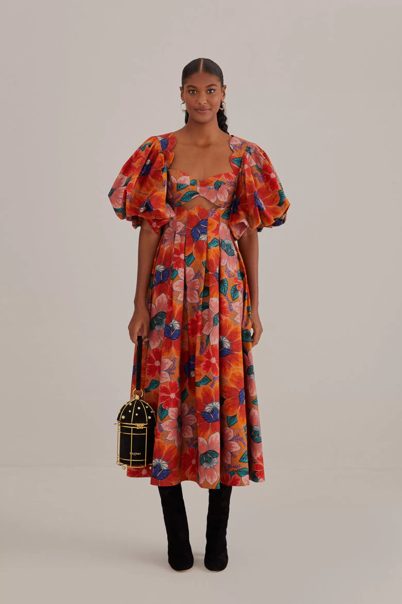 Fashion FARM Rio  ORANGE MARIAS FLORAL CUT-OUT MIDI DRESS