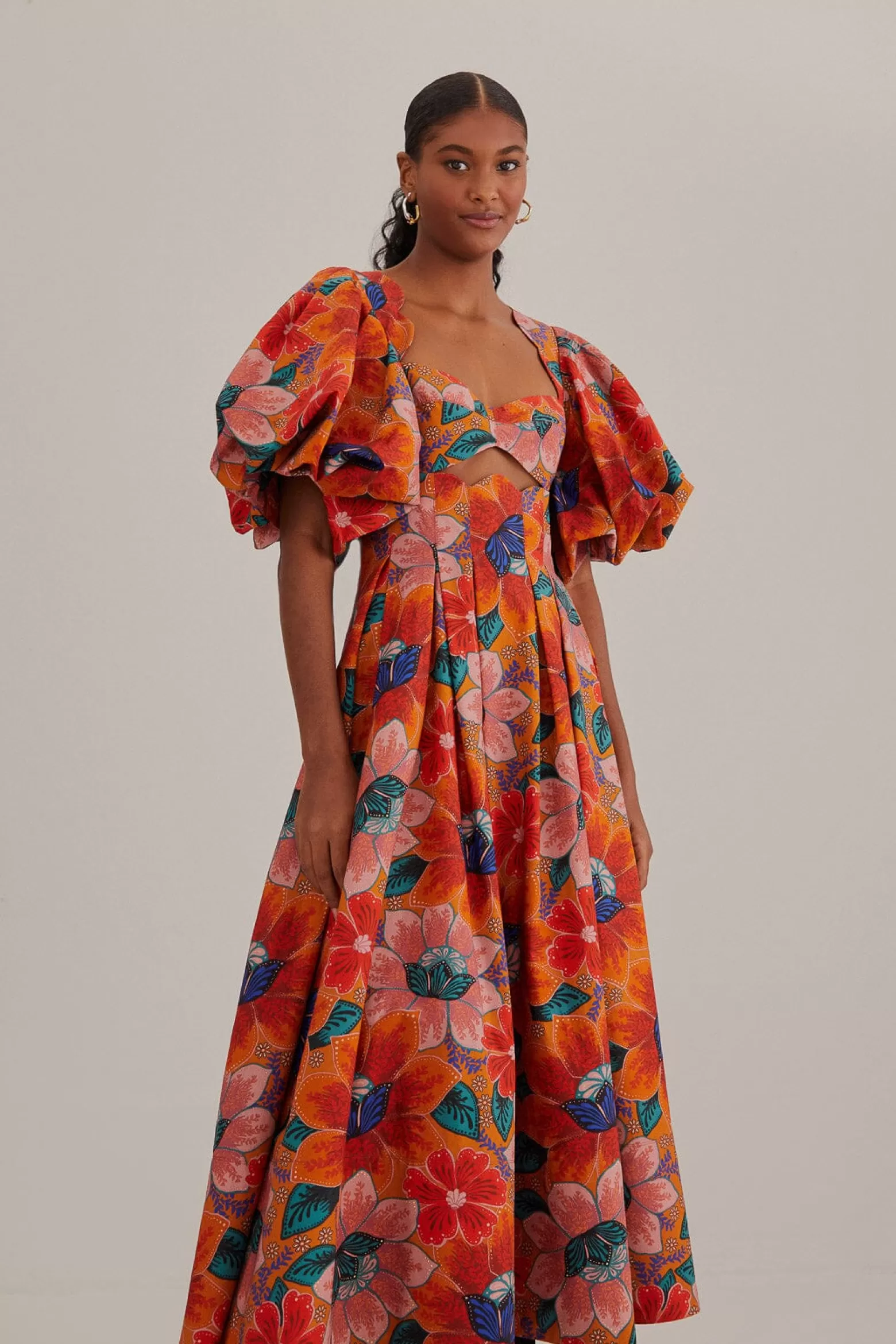 Fashion FARM Rio  ORANGE MARIAS FLORAL CUT-OUT MIDI DRESS