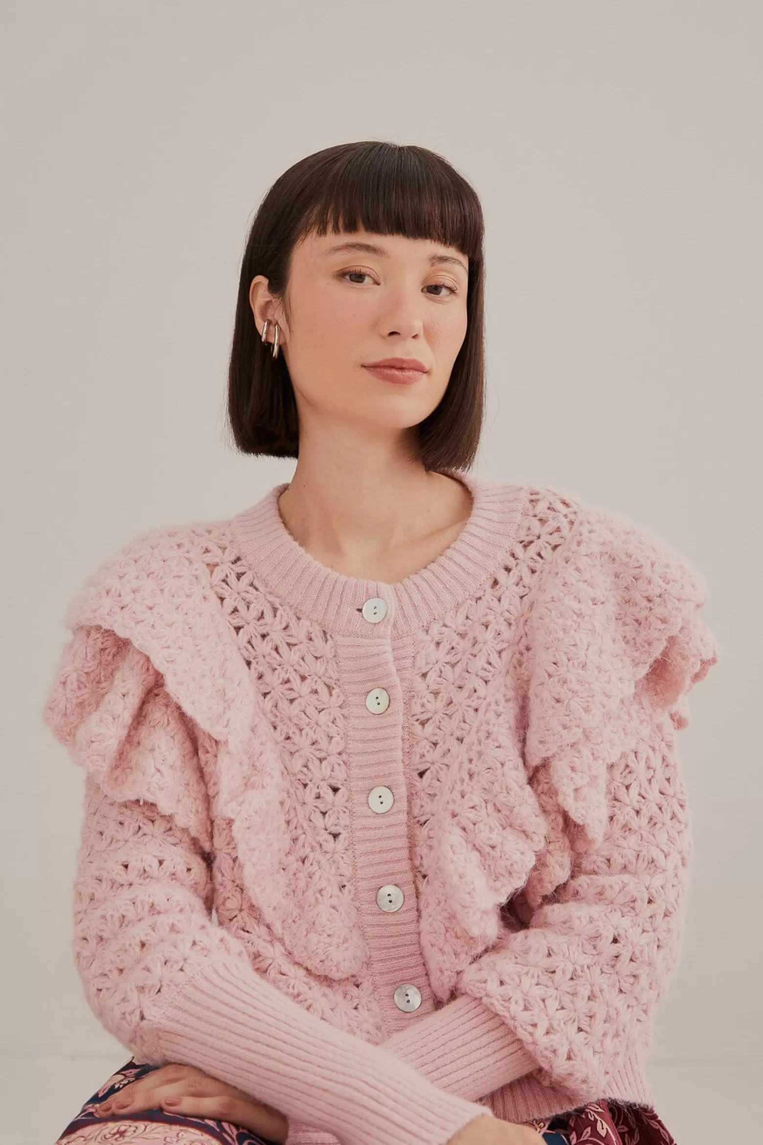 Cheap FARM Rio  PINK FLOWER TEXTURE KNIT CARDIGAN