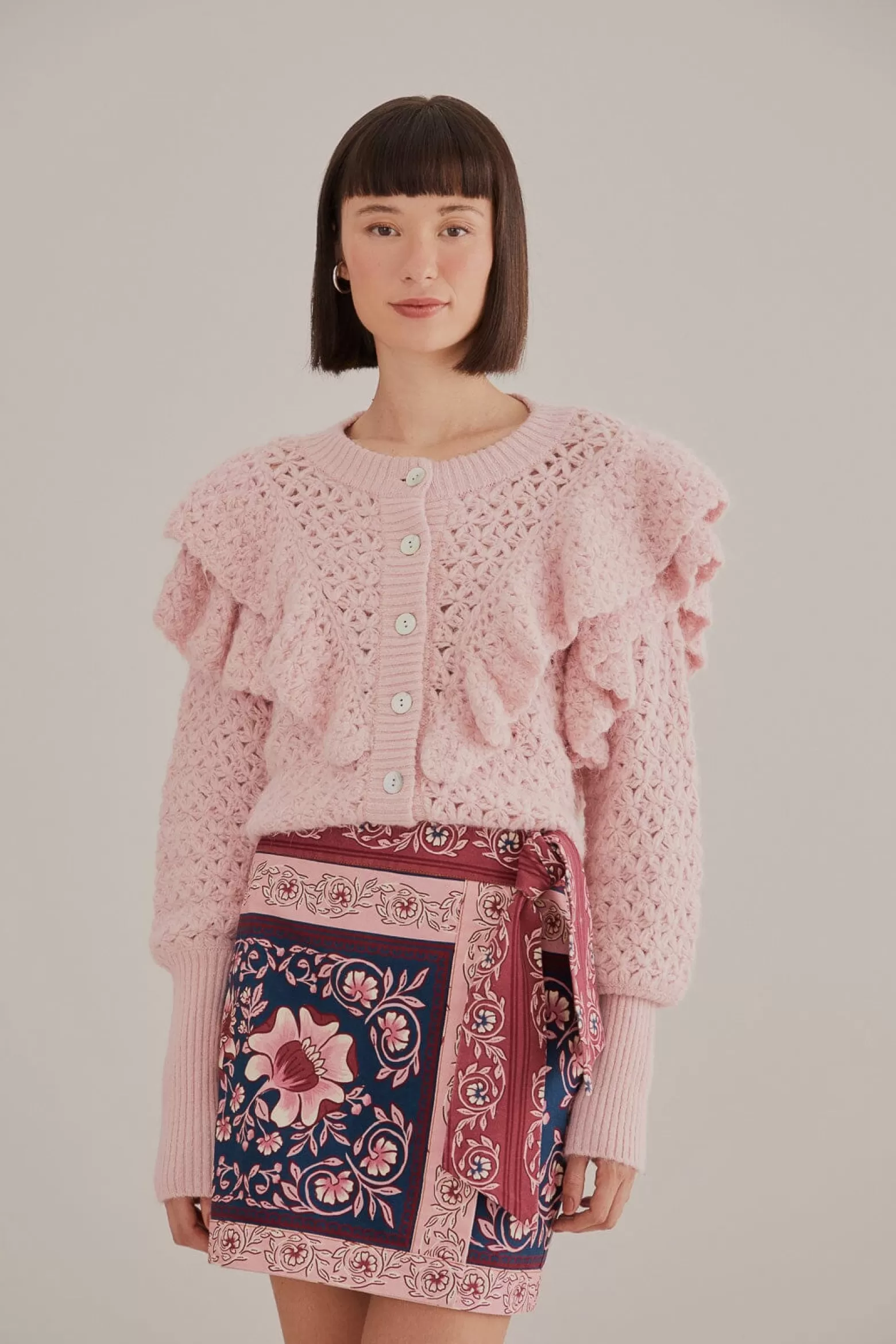 Cheap FARM Rio  PINK FLOWER TEXTURE KNIT CARDIGAN