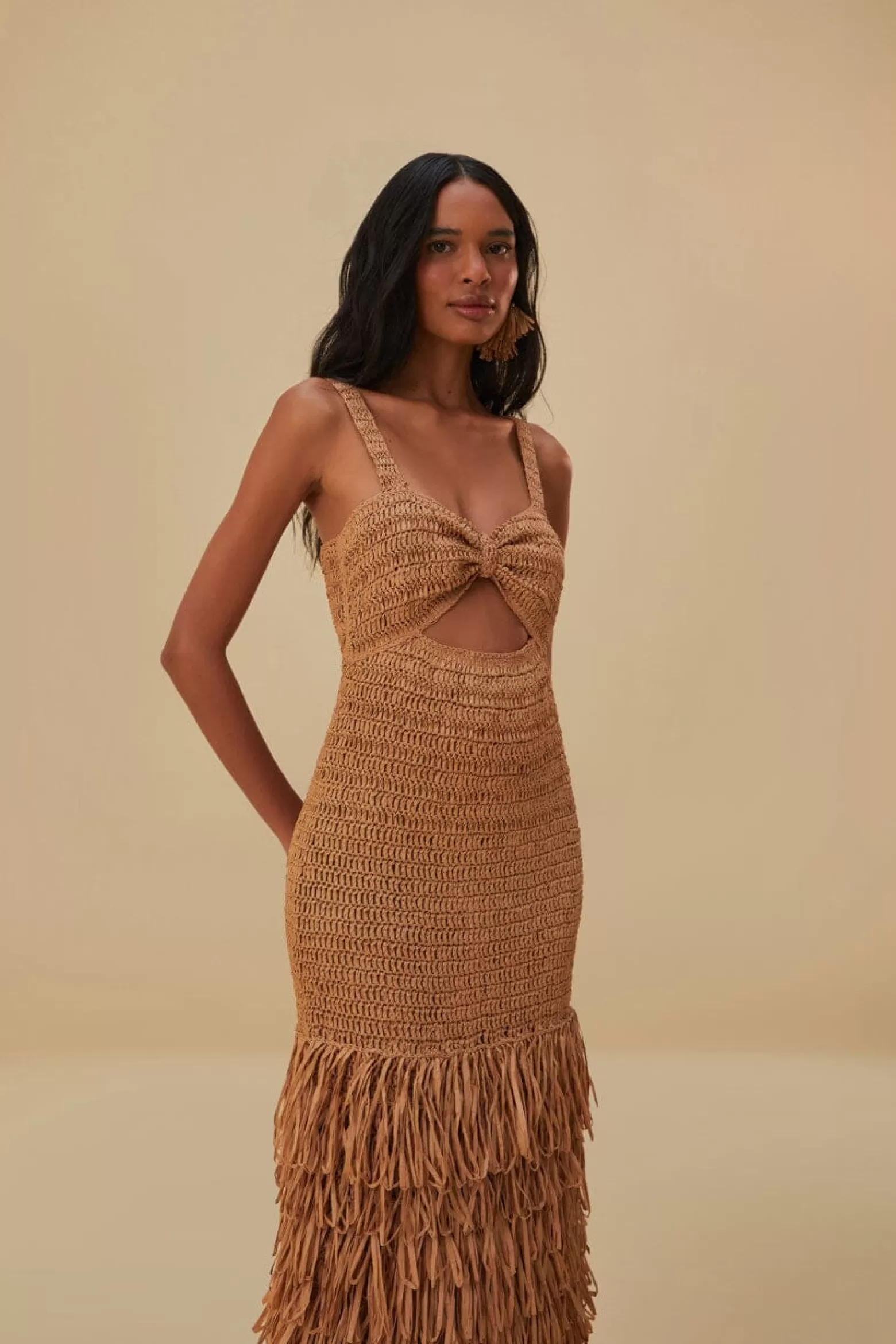 New FARM Rio  RAFFIA CUT-OUT MIDI DRESS