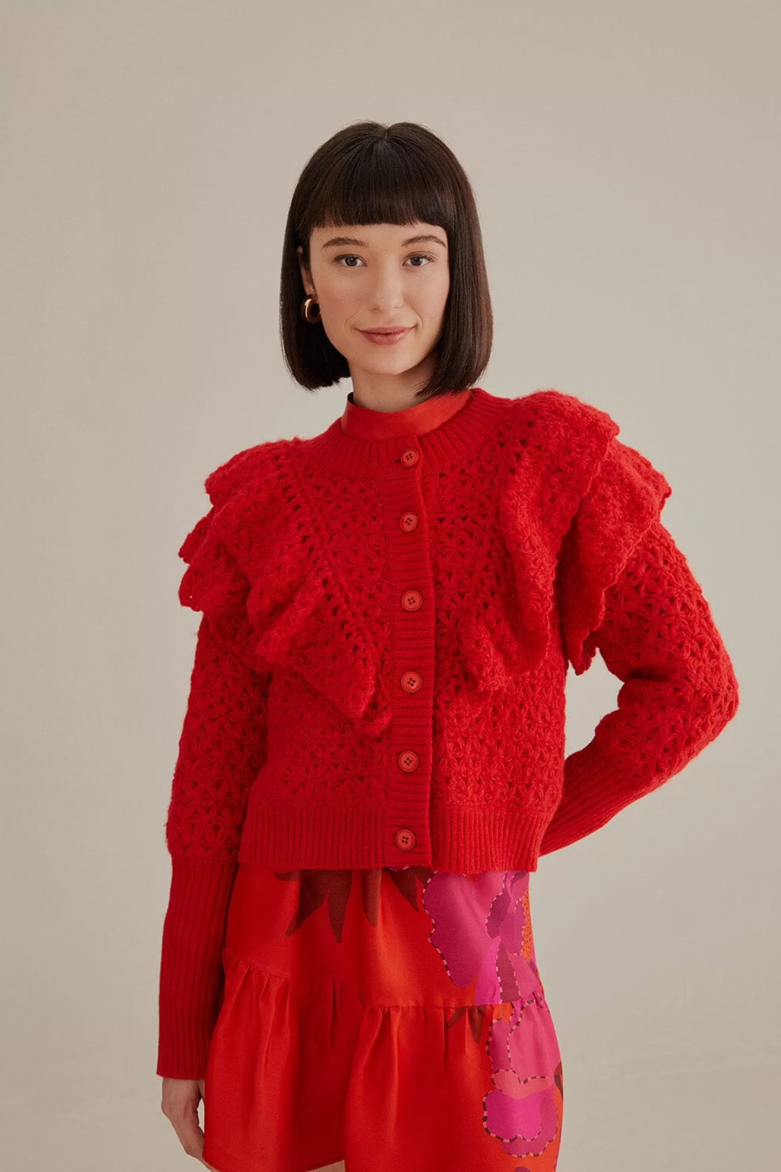 Clearance FARM Rio  RED FLOWER TEXTURE KNIT CARDIGAN