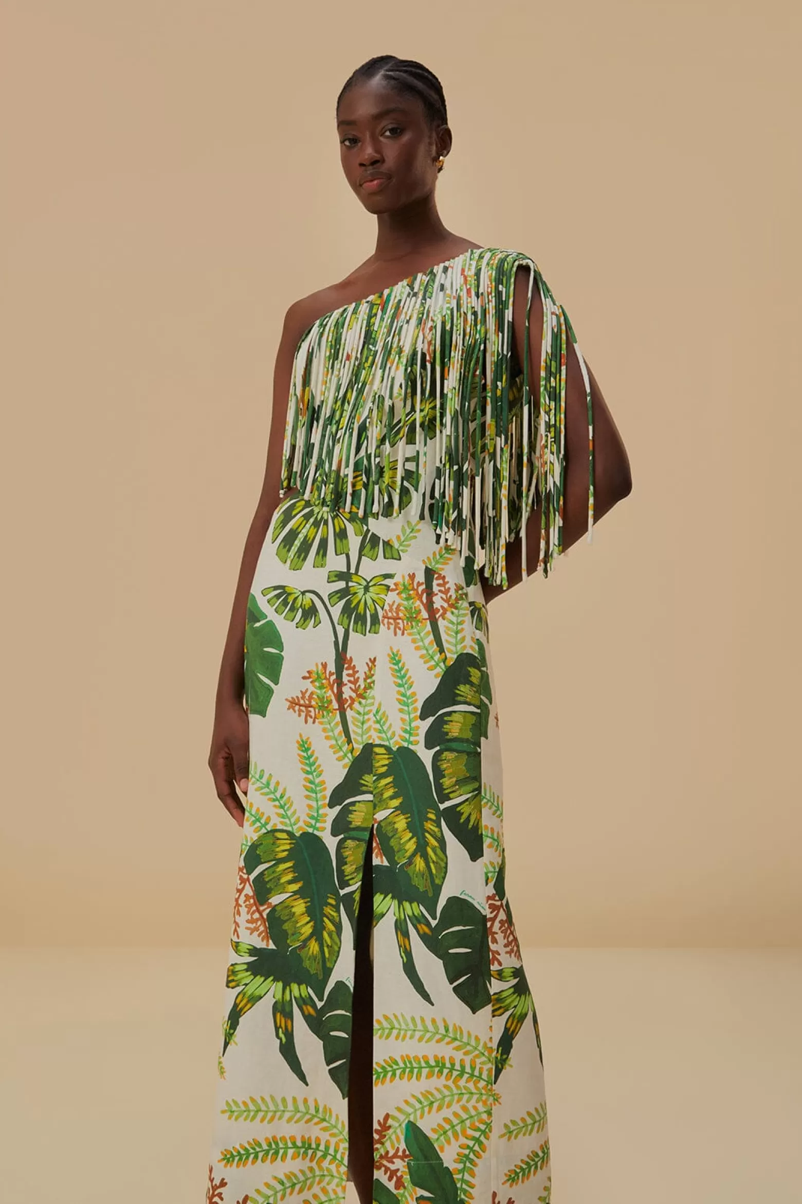 Discount FARM Rio  TROPICAL FOREST OFF-WHITE FRINGED MIDI DRESS