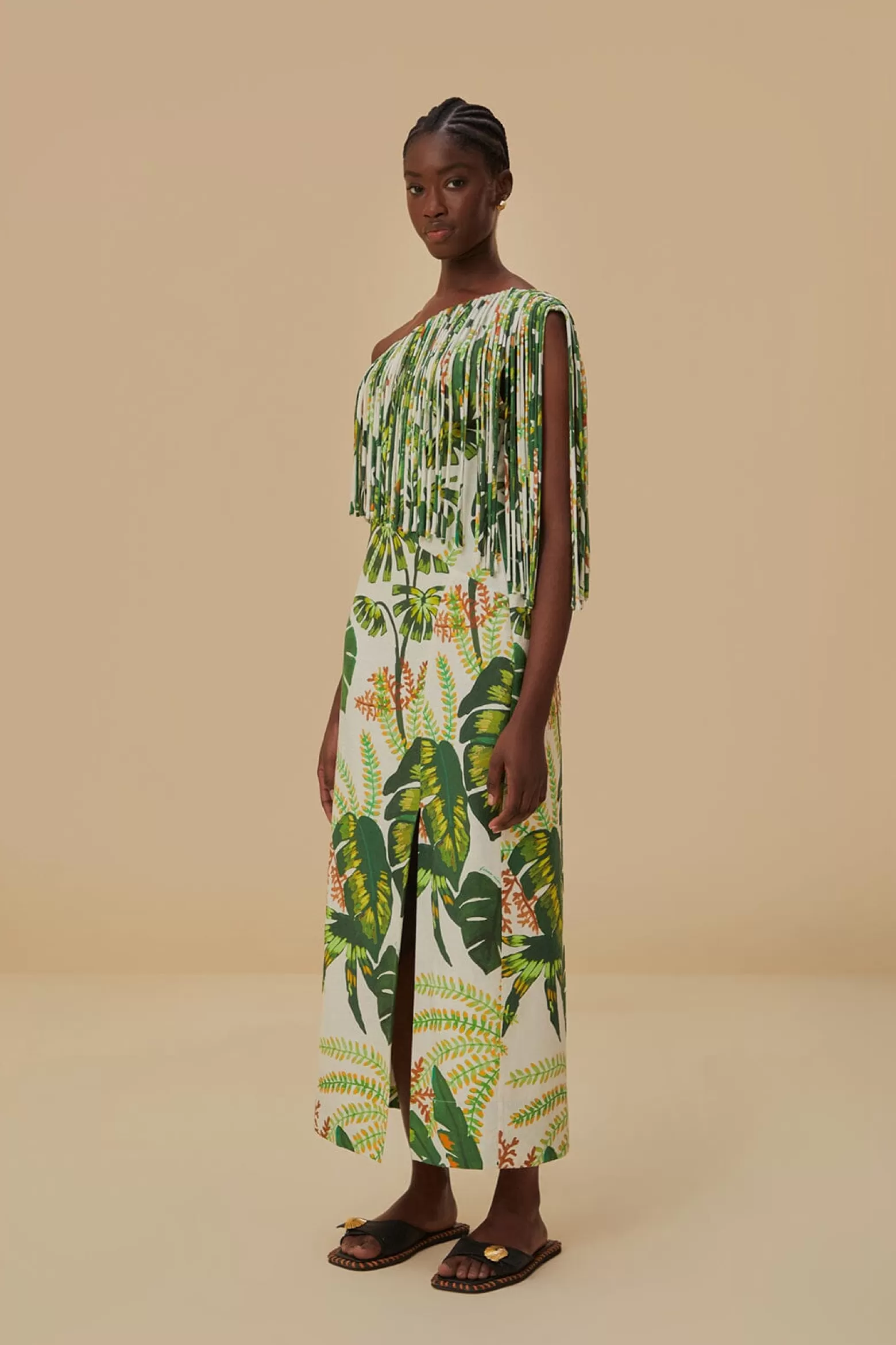 Discount FARM Rio  TROPICAL FOREST OFF-WHITE FRINGED MIDI DRESS