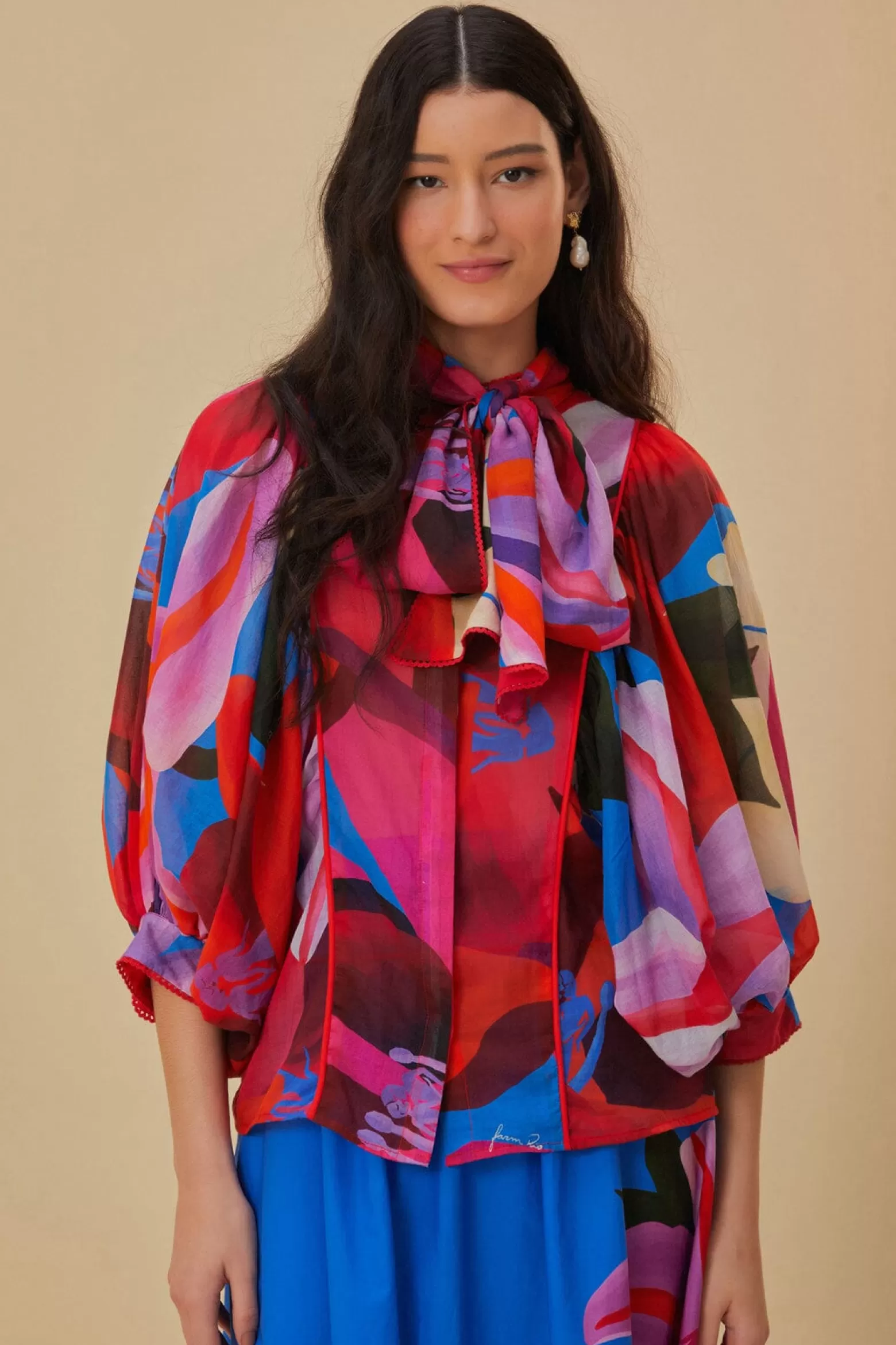 Best Sale FARM Rio  WATERCOLOR FLORAL BLUE LONG SLEEVE BLOUSE