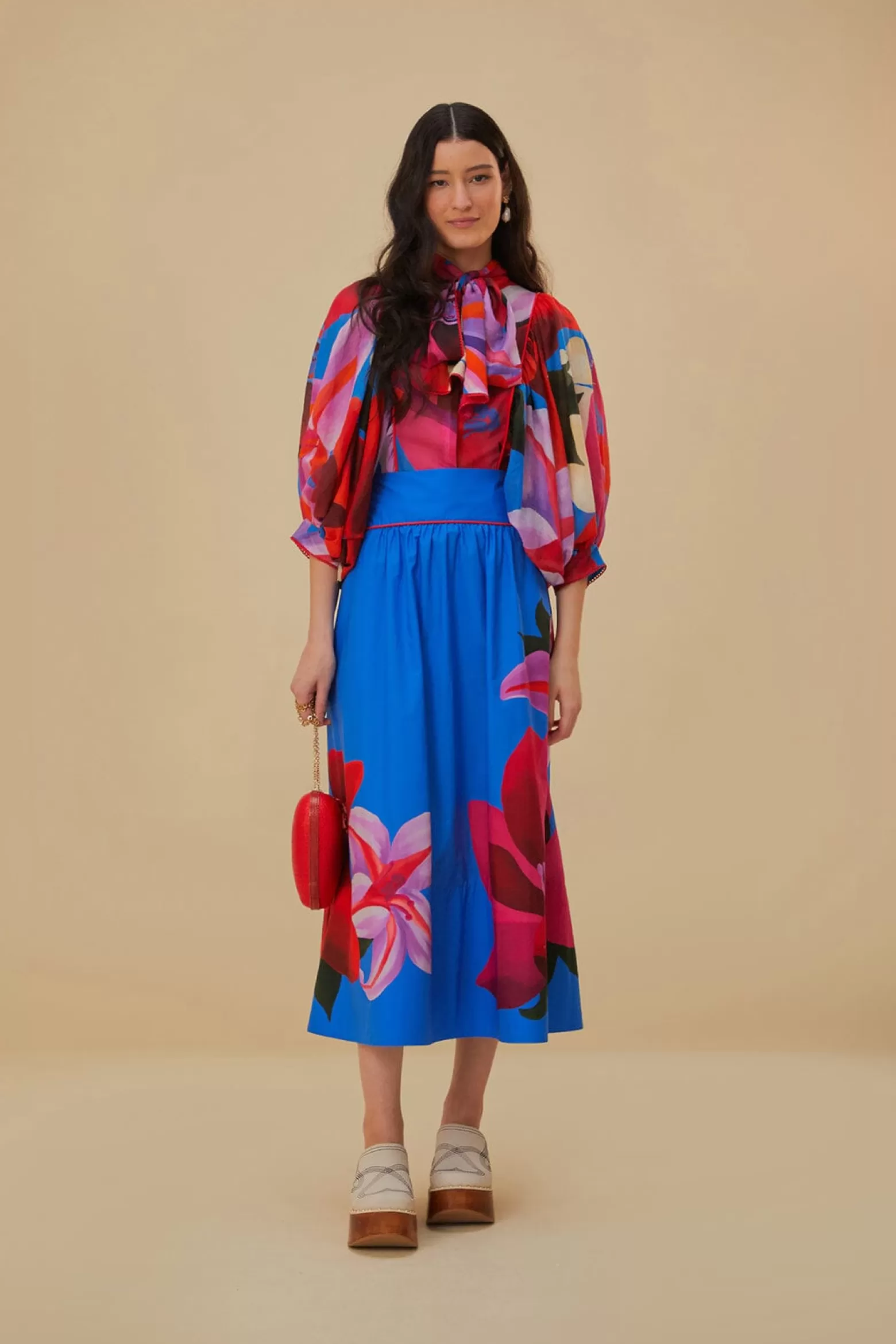 Best Sale FARM Rio  WATERCOLOR FLORAL BLUE LONG SLEEVE BLOUSE
