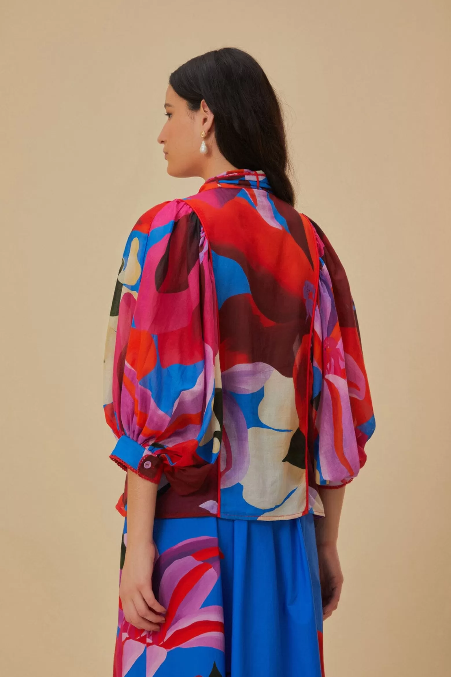 Best Sale FARM Rio  WATERCOLOR FLORAL BLUE LONG SLEEVE BLOUSE
