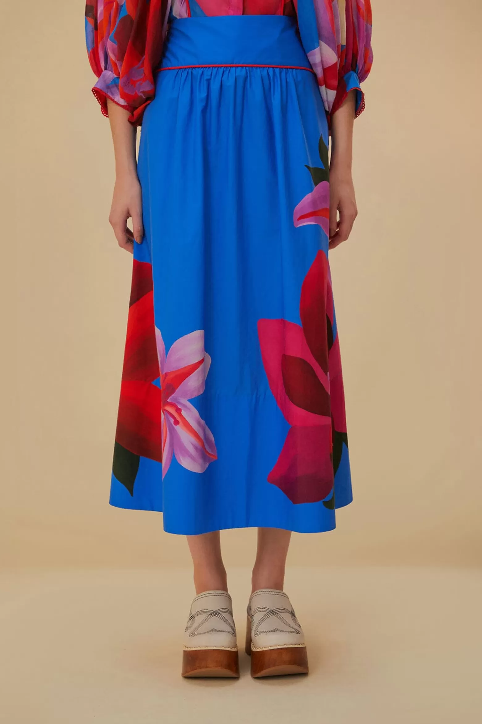 Best Sale FARM Rio  WATERCOLOR FLORAL BLUE MIDI SKIRT