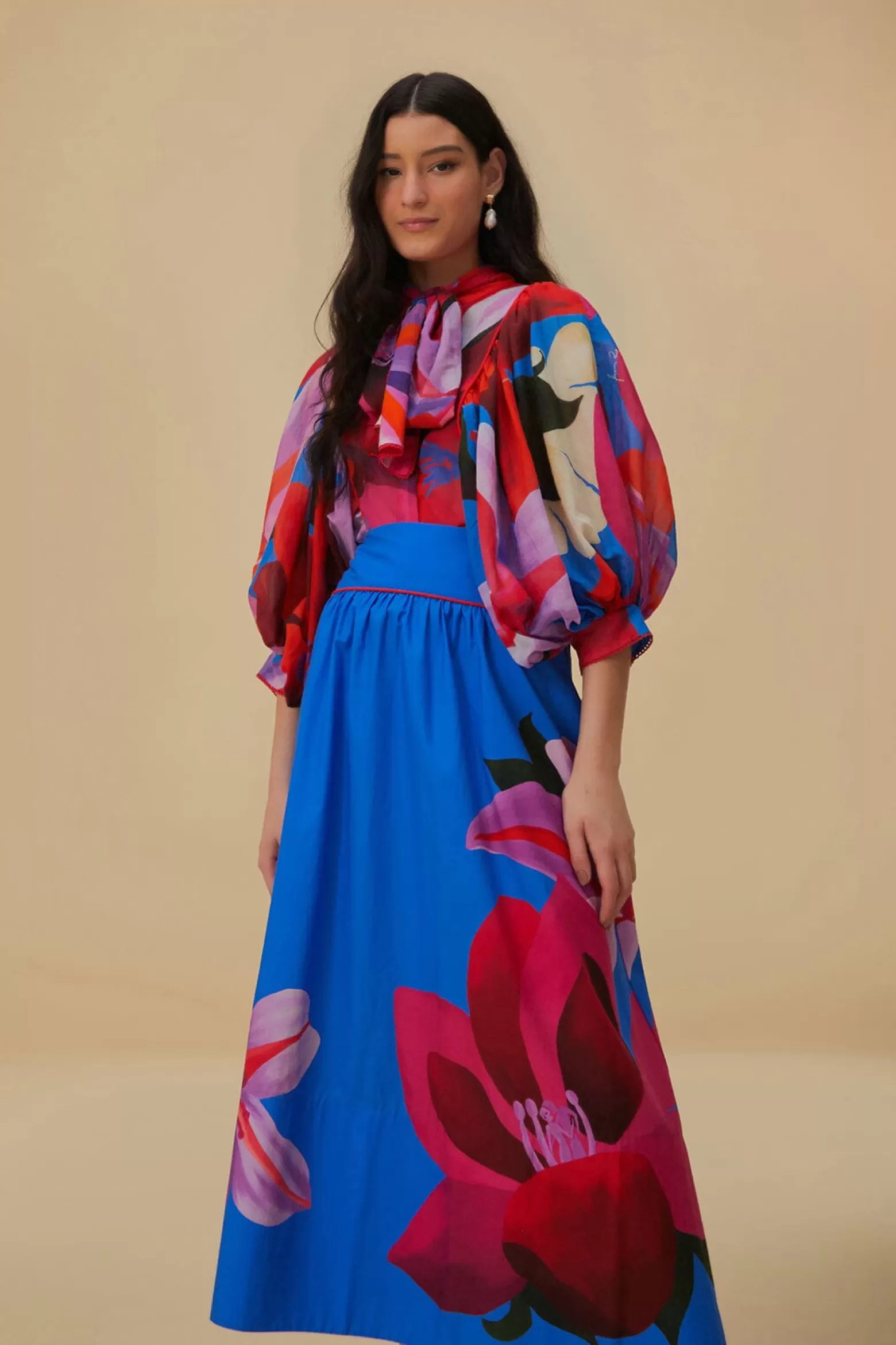 Best Sale FARM Rio  WATERCOLOR FLORAL BLUE MIDI SKIRT